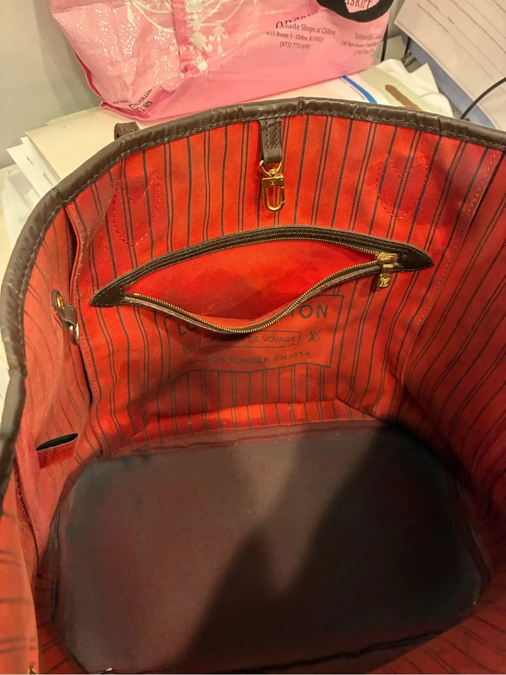 Louis Vuitton Brown Damier Ebene Tote with Red Interior